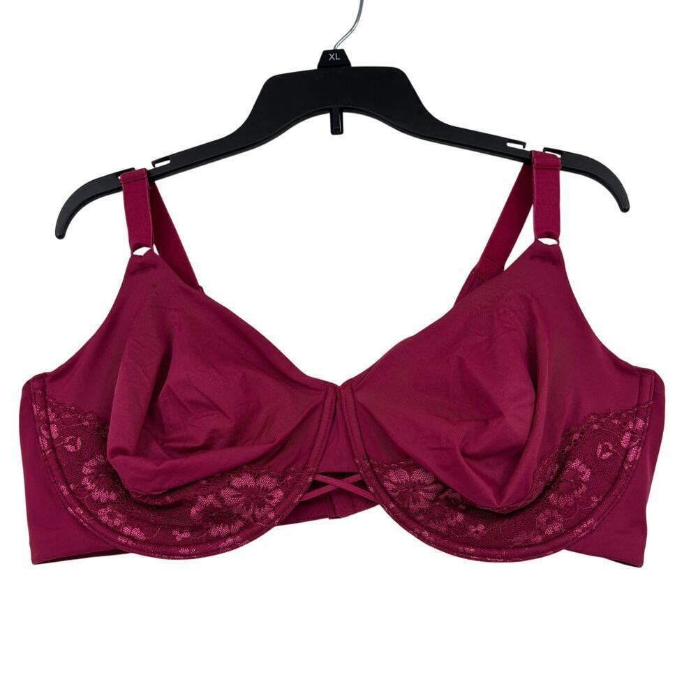 Vanity Fair Underwire Bra Size 44D Red Lace Side Smoothing Full Coverage Support